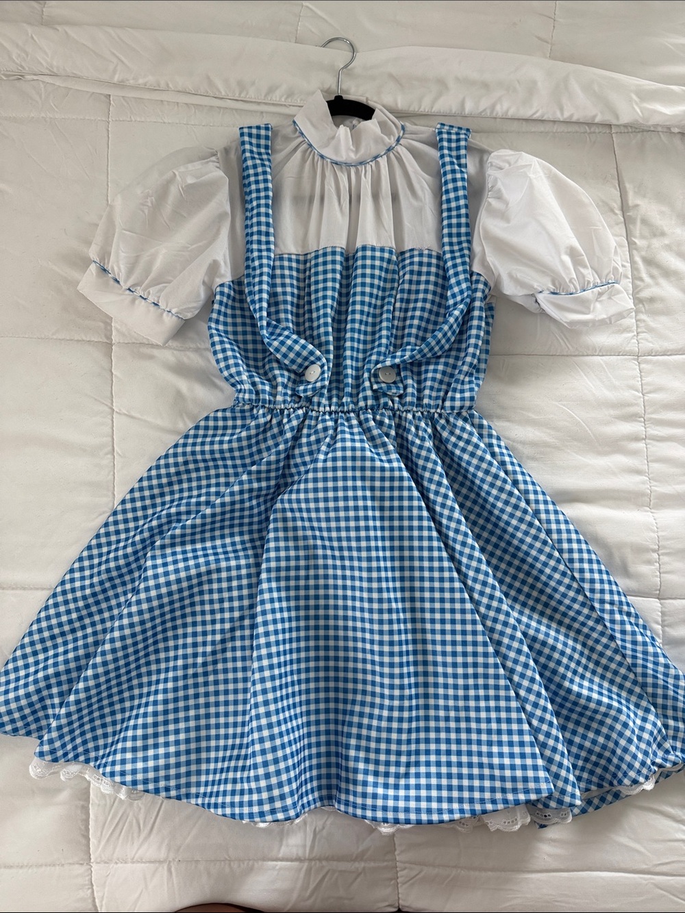 Adult Dorothy Costume Blue Gingham Pinafore Dress with White Puff Sleeve Blouse